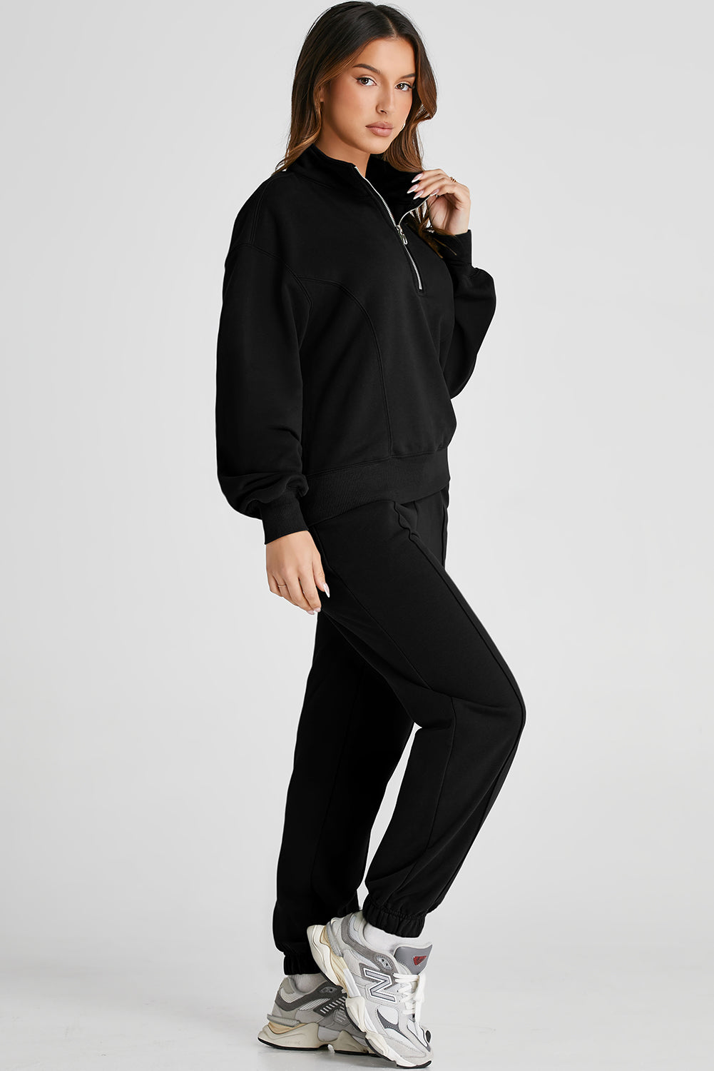 Black Half Zip Long Sleeve Top and Joggers Active Set