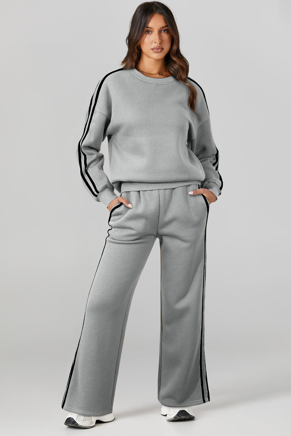 Gray Round Neck Long Sleeve Top and Pants Active Set