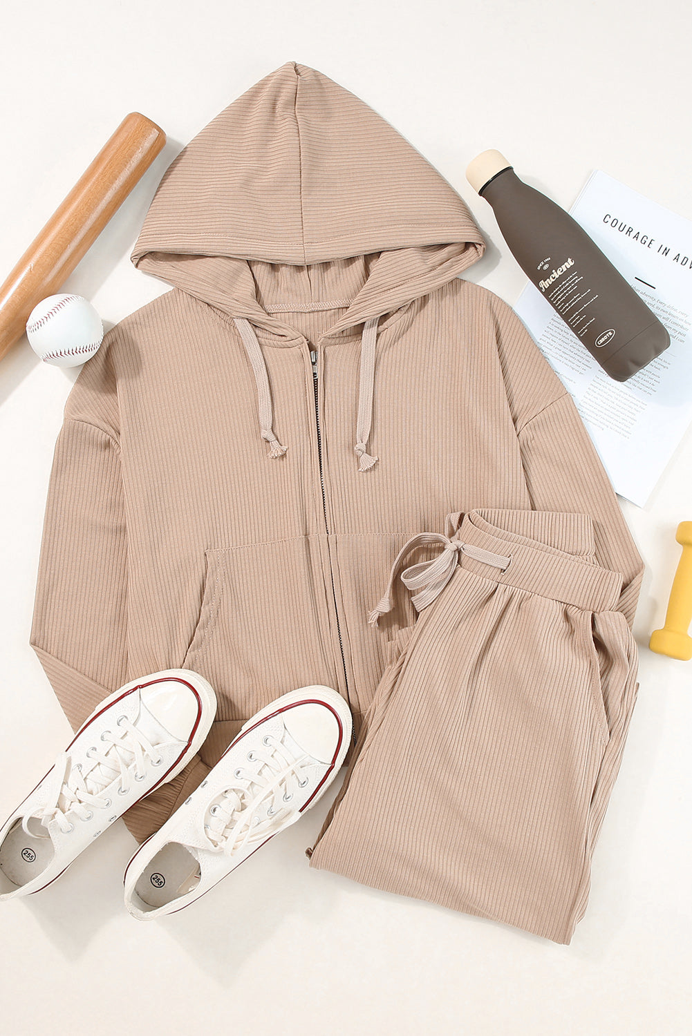 Khaki Drawstring Zip Up Hoodie and Pants Active Set