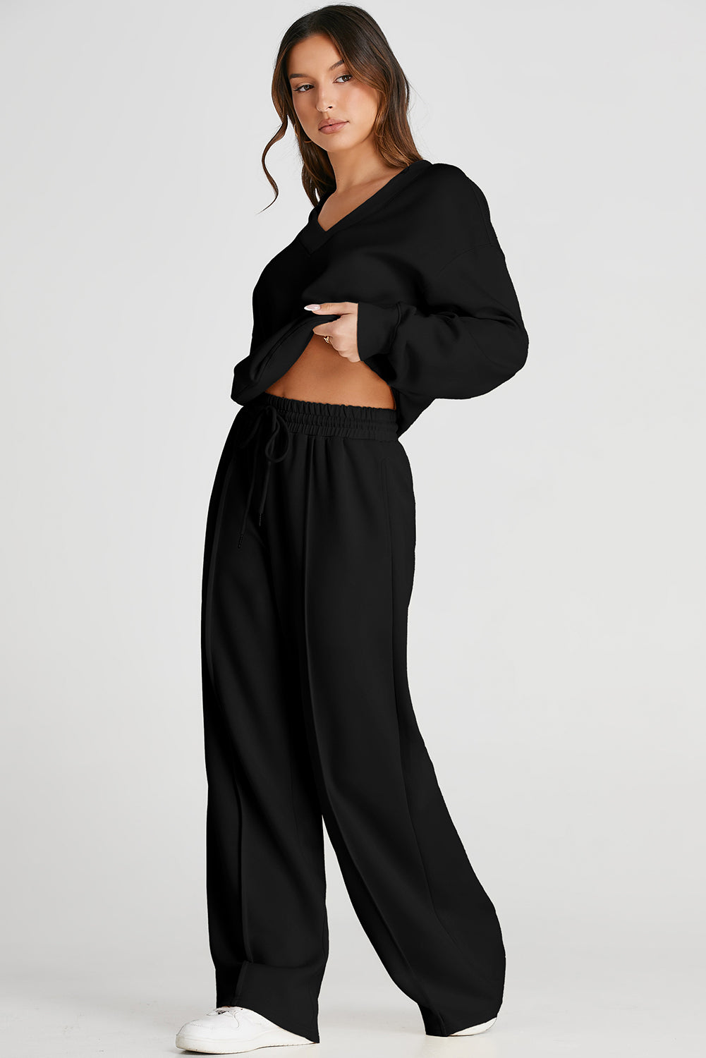 Black V-Neck Long Sleeve Top and Pants Active Set