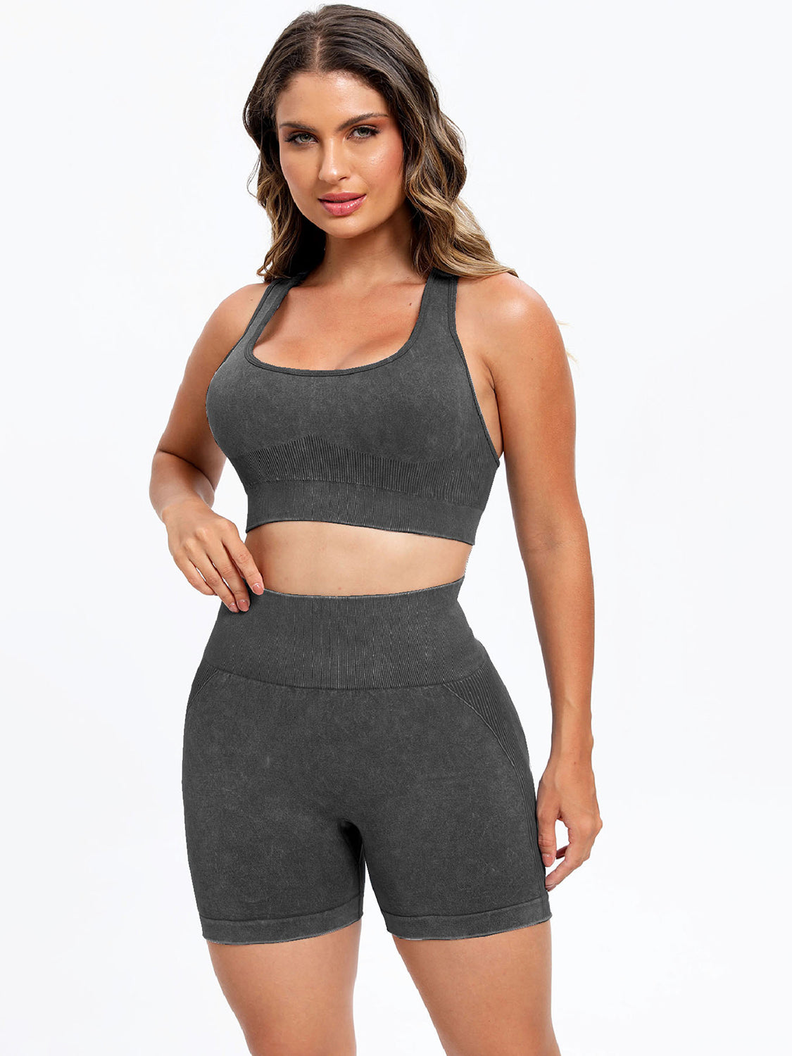 Dark Gray Scoop Neck Wide Strap Top and Shorts Active Set