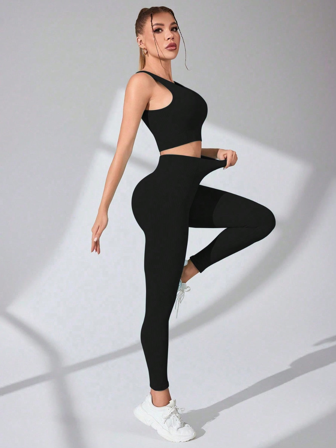 Black Scoop Neck Wide Strap Top and Pants Active Set