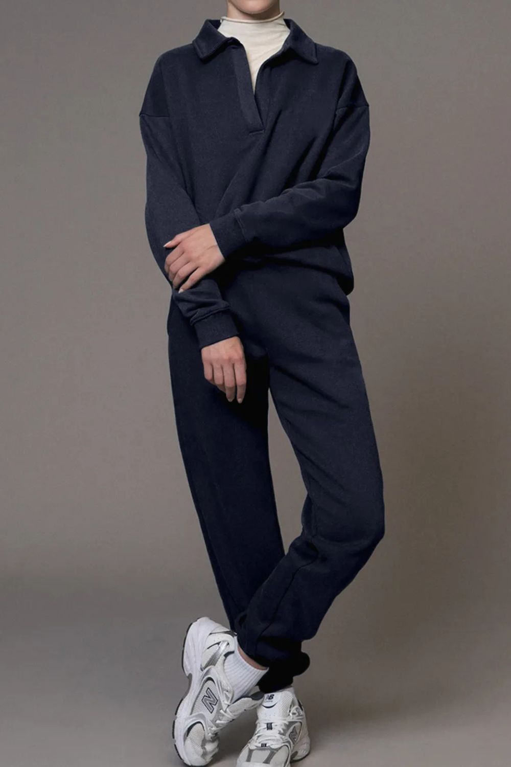 Dark Navy Johnny Collar Long Sleeve Top and Joggers Active Set