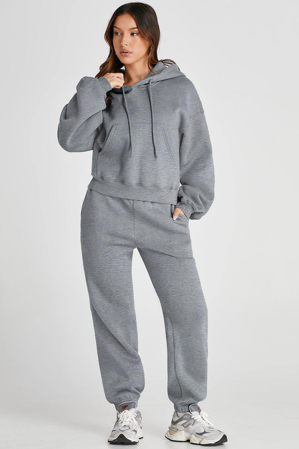 Gray Dropped Shoulder Hooded Top and Pants Active Set