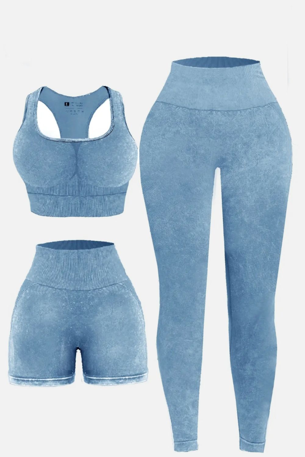 Light Blue 3 Piece Washed Square Neck Wide Strap Active Set