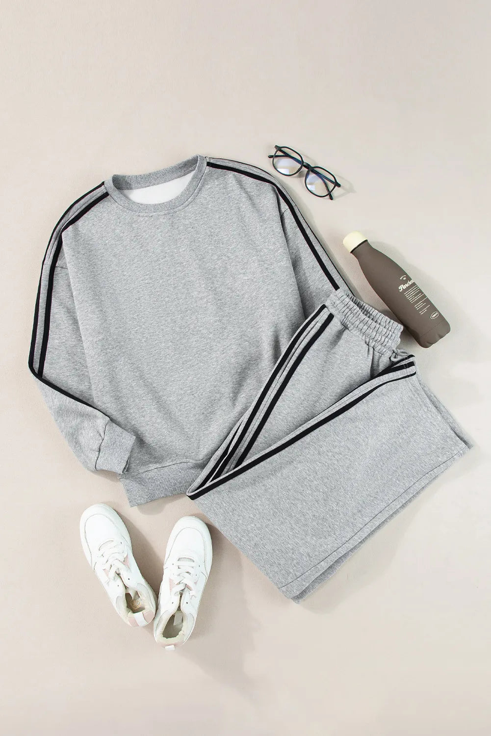 Gray Round Neck Long Sleeve Top and Pants Active Set