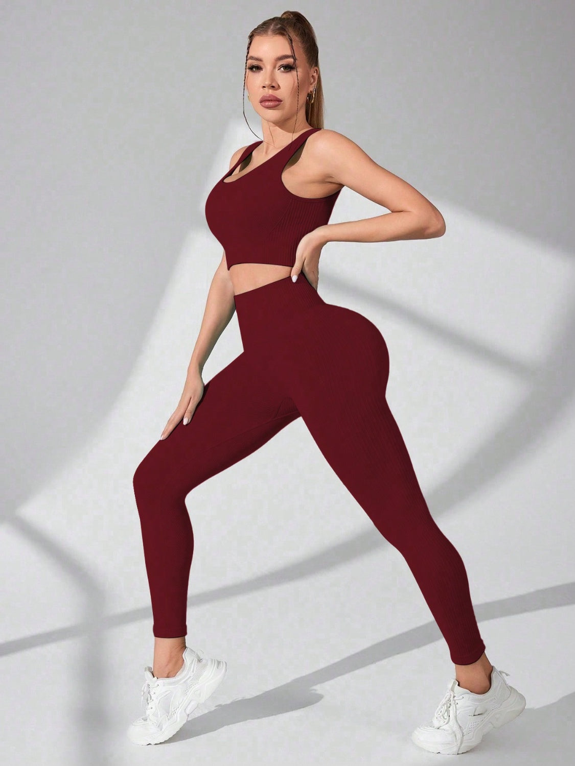 Burgundy Scoop Neck Wide Strap Top and Pants Active Set