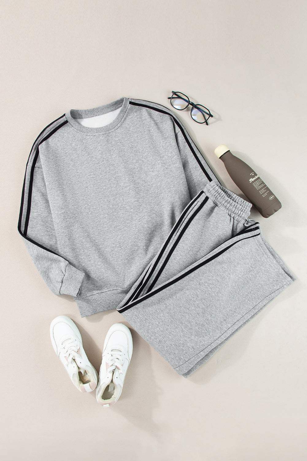 Light Gray Side Striped Round Neck Top and Pants Active Set