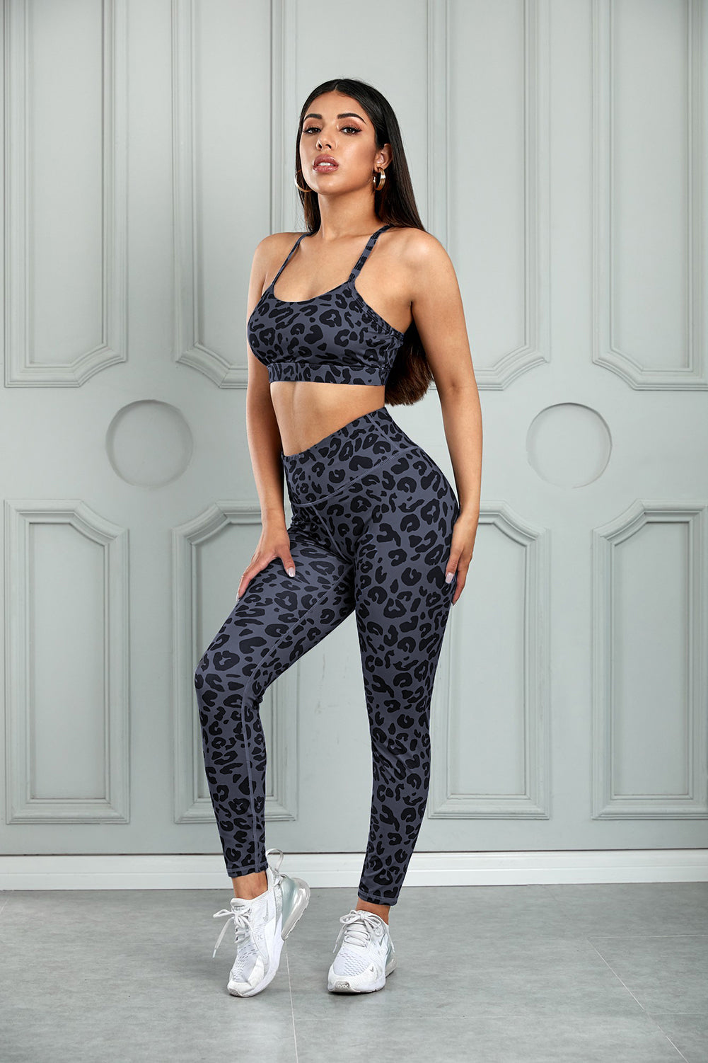 Gray Leopard Cutout Sports Bra and Leggings Set