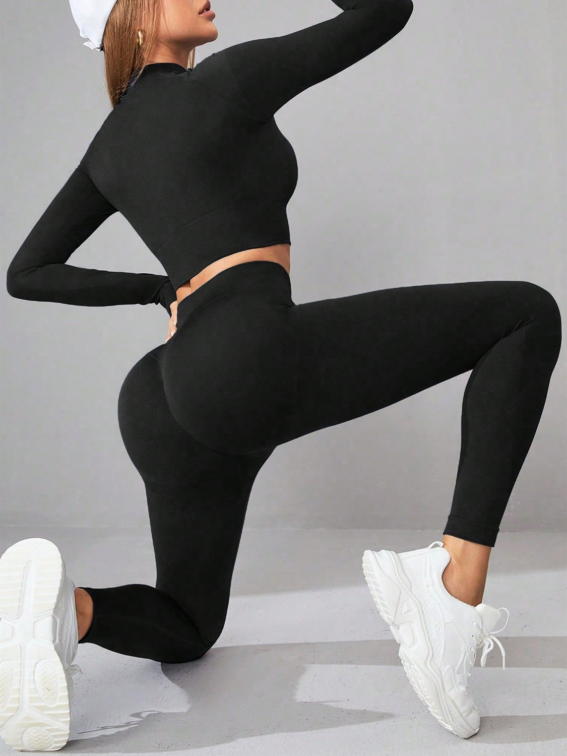 Black Mock Neck Long Sleeve Top and Leggings Active Set