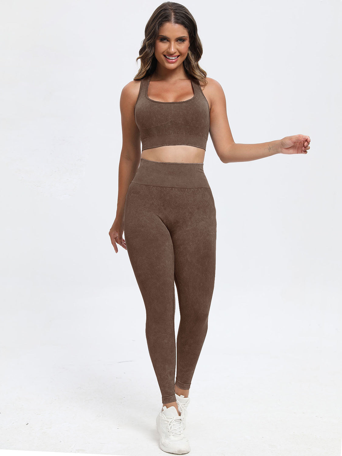 Brown Scoop Neck Wide Strap Top and Pants Active Set