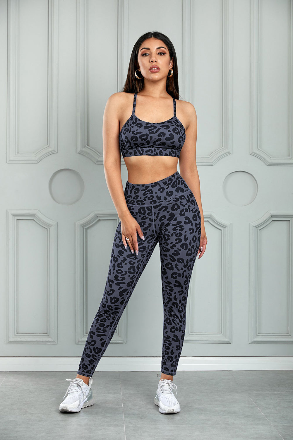 Gray Leopard Cutout Sports Bra and Leggings Set