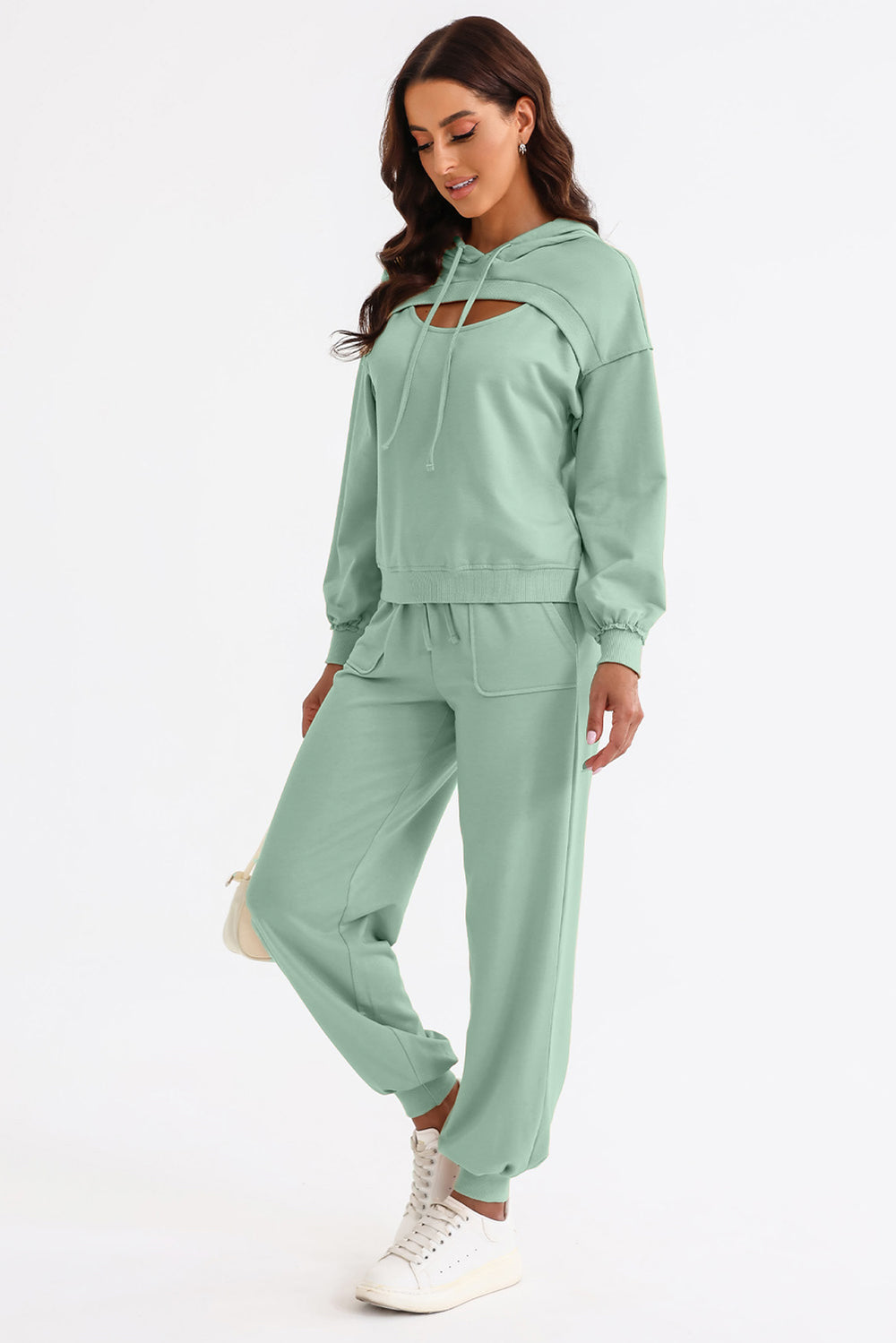 Light Green Cutout Drawstring Hoodie and Joggers Active Set