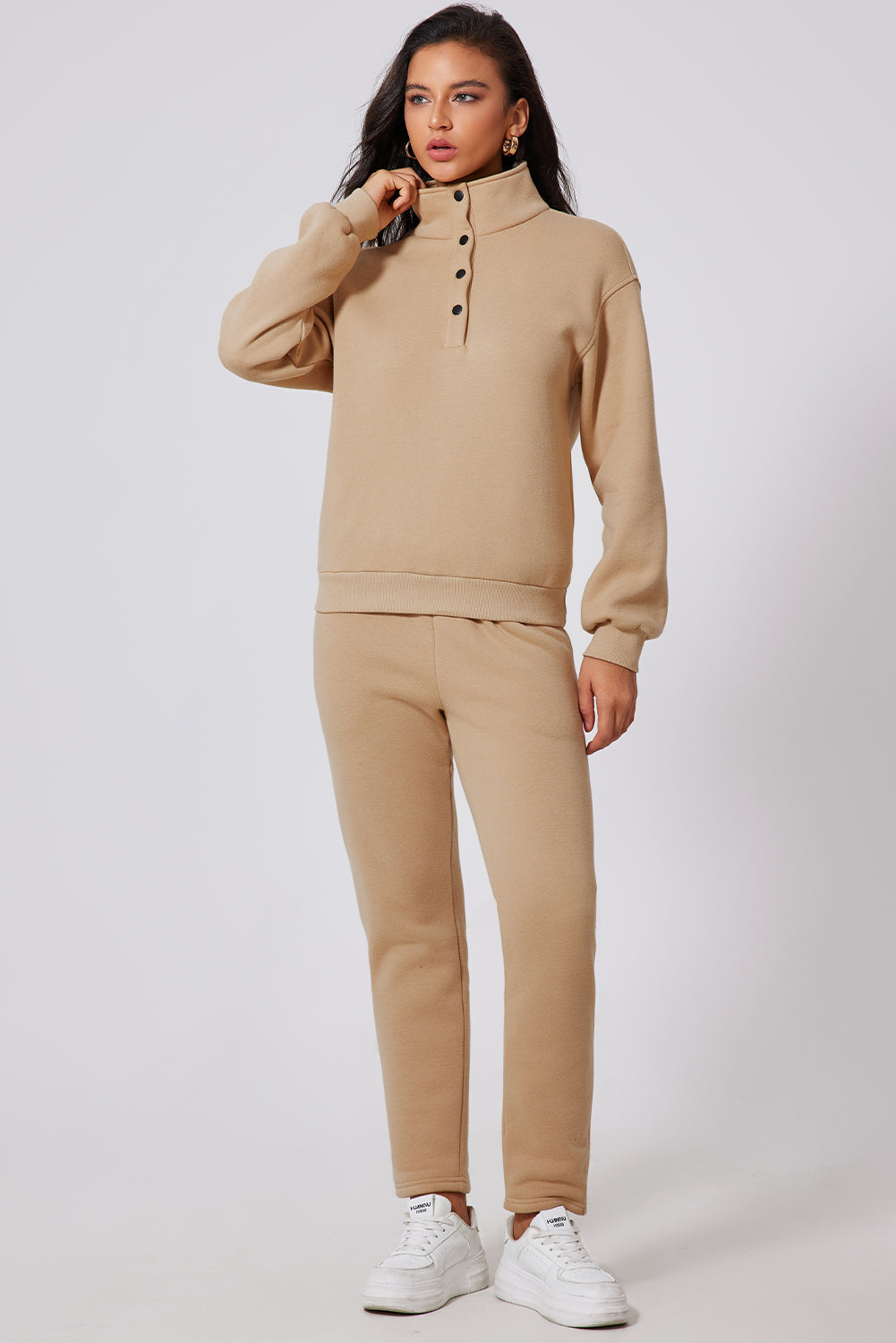 Tan Half Snap Turtleneck Top and Pants Active Set