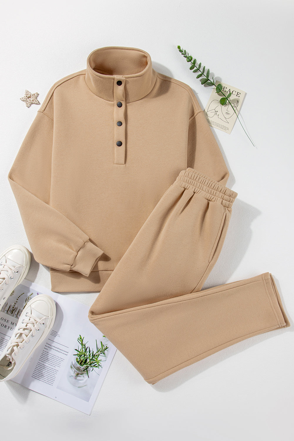 Tan Half Snap Turtleneck Top and Pants Active Set