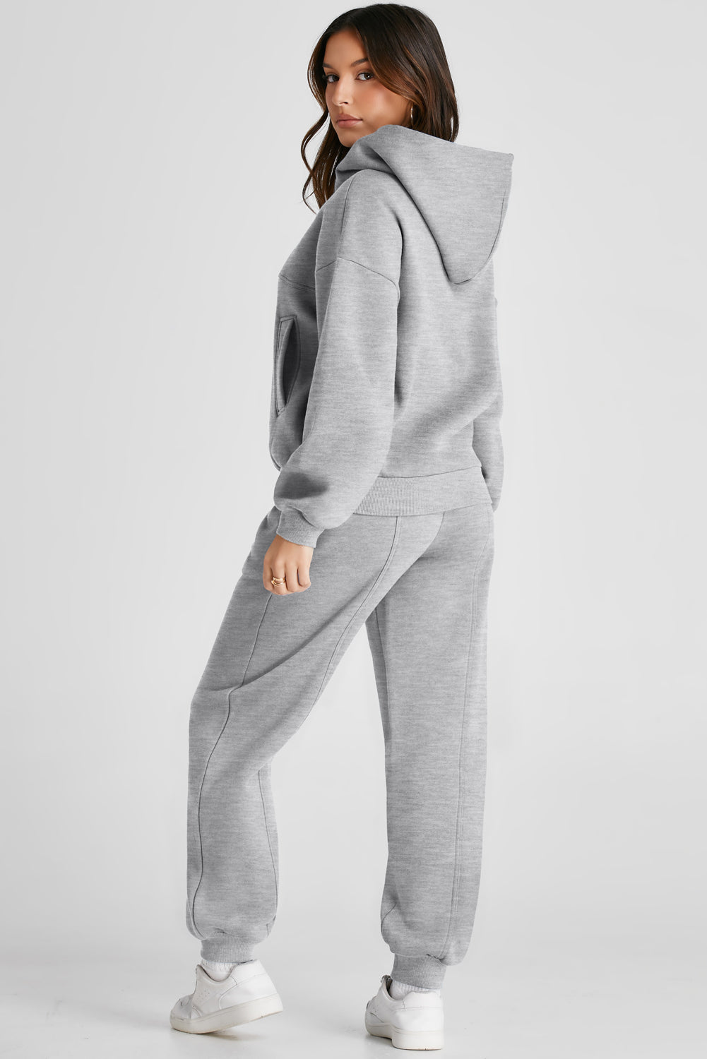 Gray Dropped Shoulder Long Sleeve Hoodie and Pants Active Set