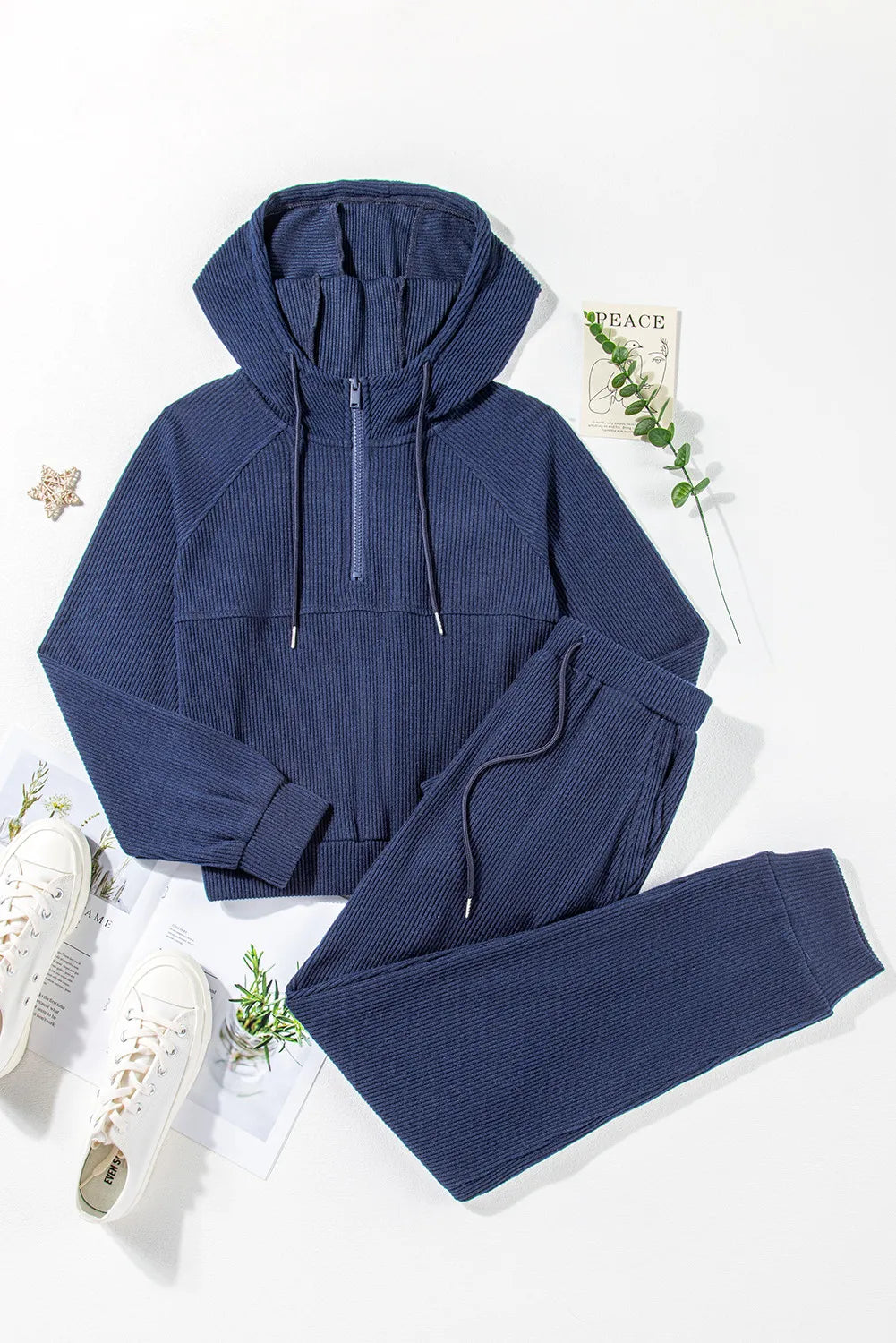 Navy Drawstring Half Zip Hoodie and Joggers Active Set