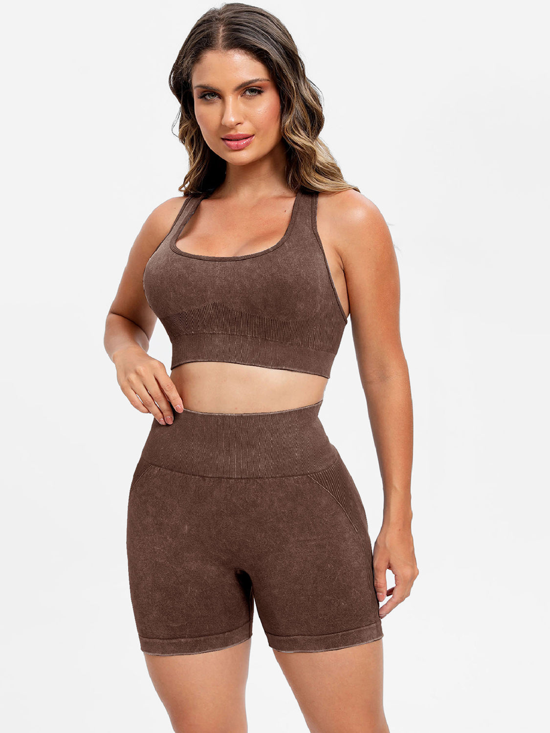 Brown Scoop Neck Wide Strap Top and Shorts Active Set