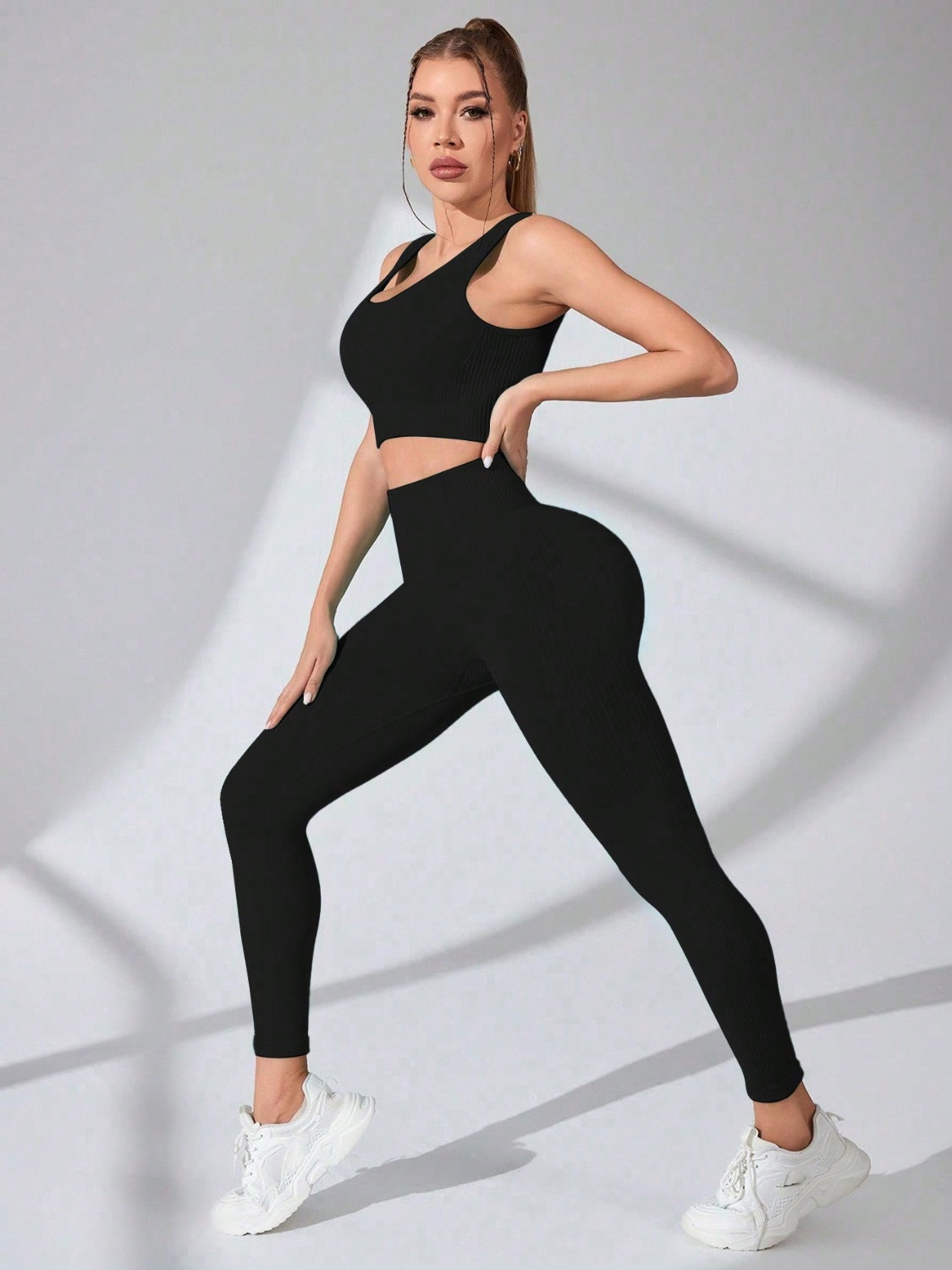 Black Scoop Neck Wide Strap Top and Pants Active Set