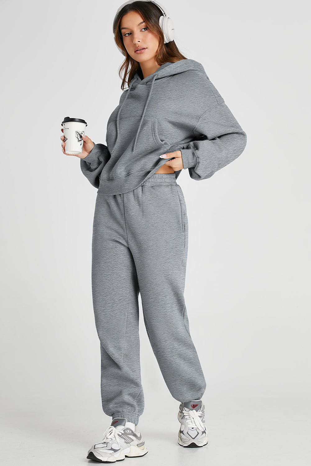 Gray Dropped Shoulder Hooded Top and Pants Active Set