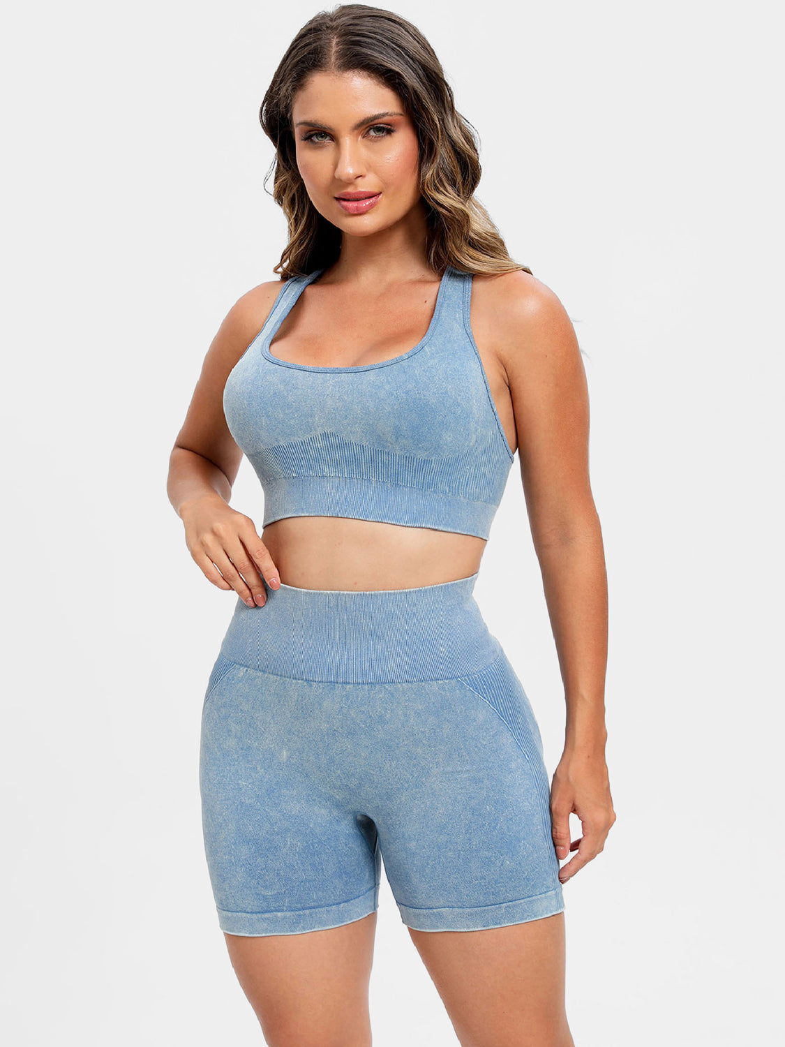 Light Blue Scoop Neck Wide Strap Top and Shorts Active Set