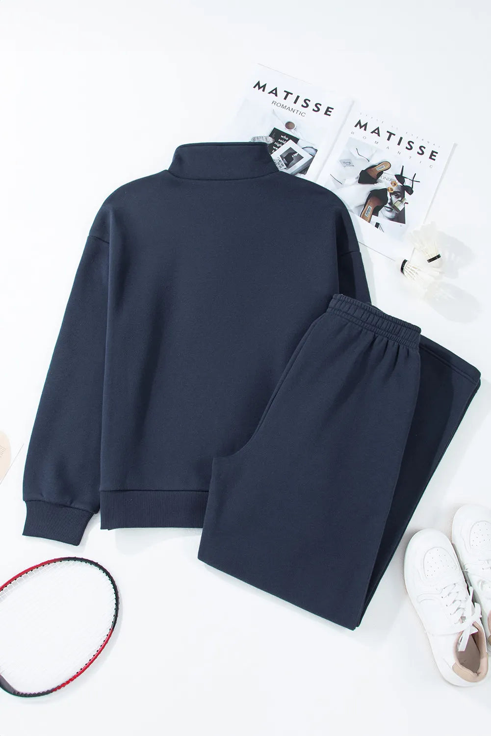 Dark Navy Half Snap Long Sleeve Top and Pants Active Set