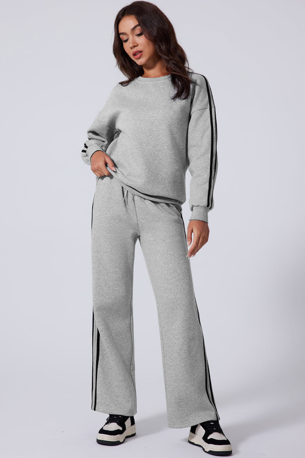 Light Gray Side Striped Round Neck Top and Pants Active Set