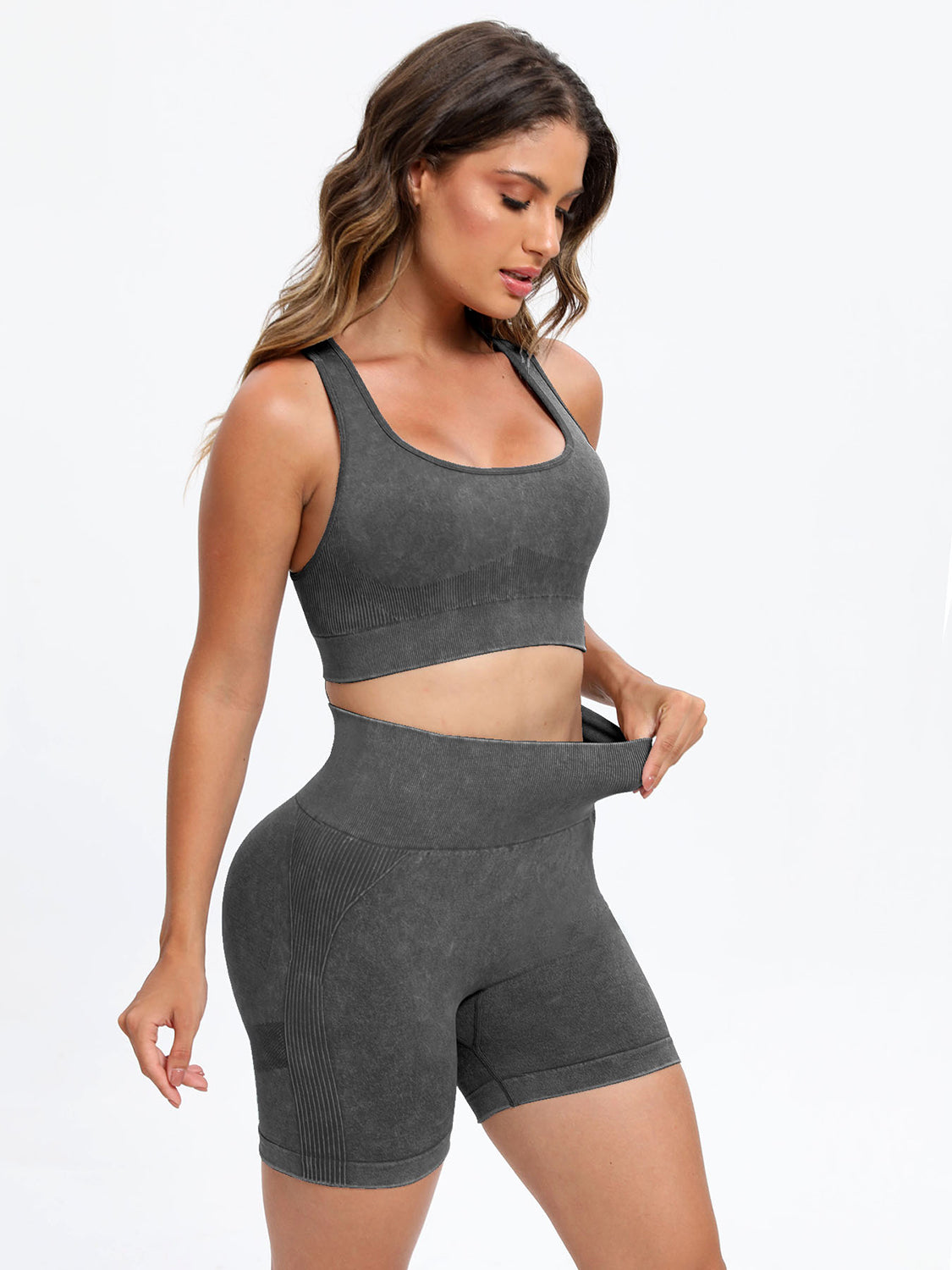 Dark Gray Scoop Neck Wide Strap Top and Shorts Active Set