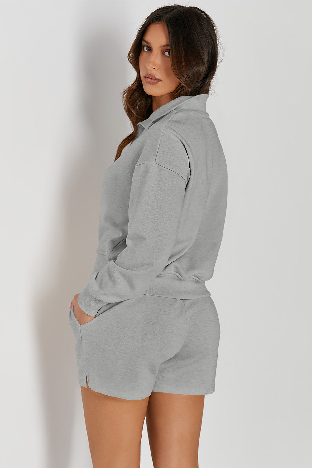 Cloudy Blue Half Button Sweatshirt and Shorts Active Set