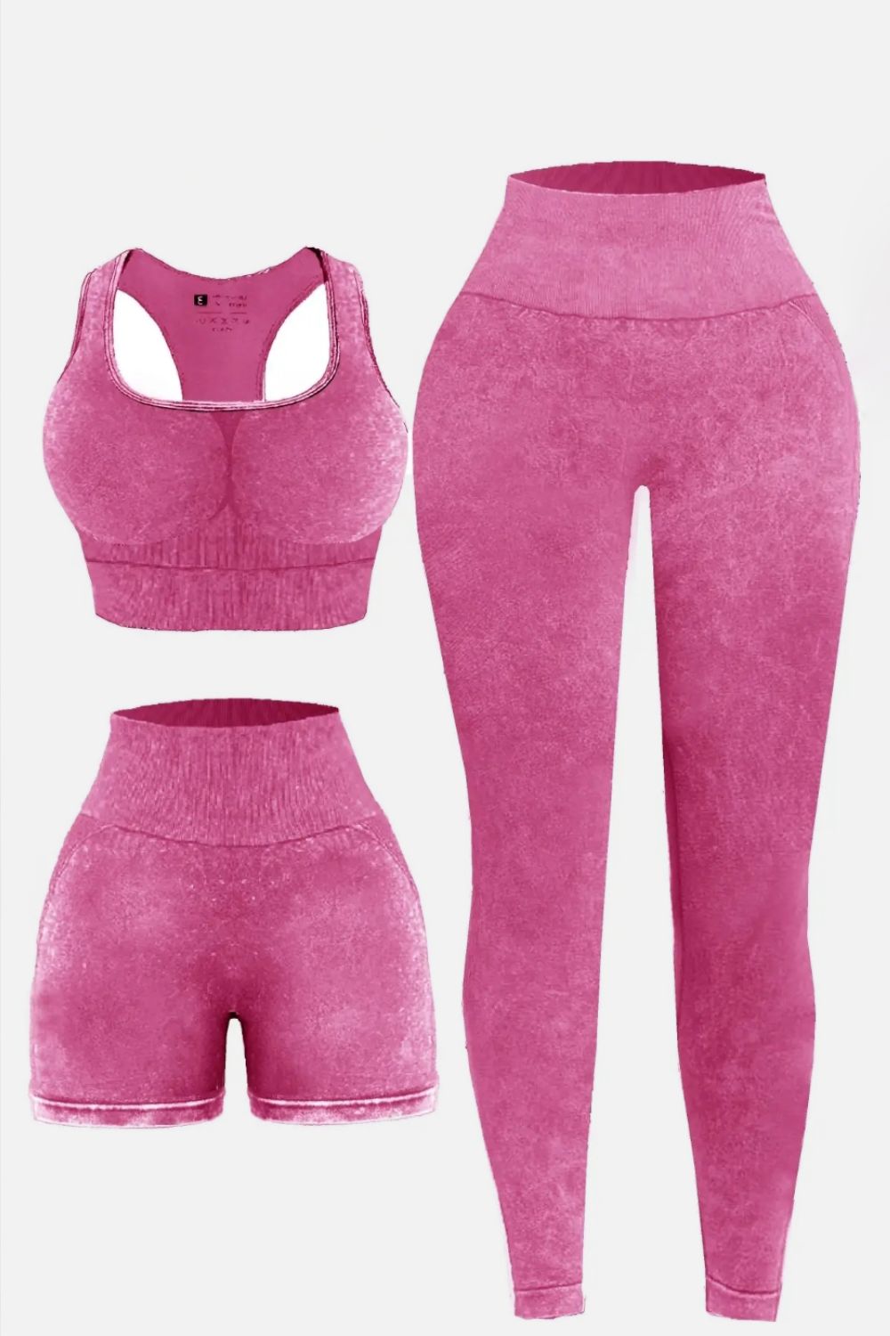 Pink 3 Piece Washed Square Neck Wide Strap Active Set