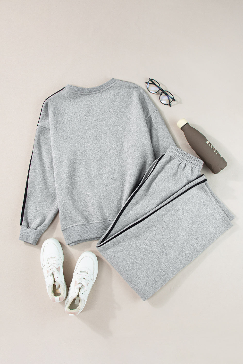 Light Gray Side Striped Round Neck Top and Pants Active Set