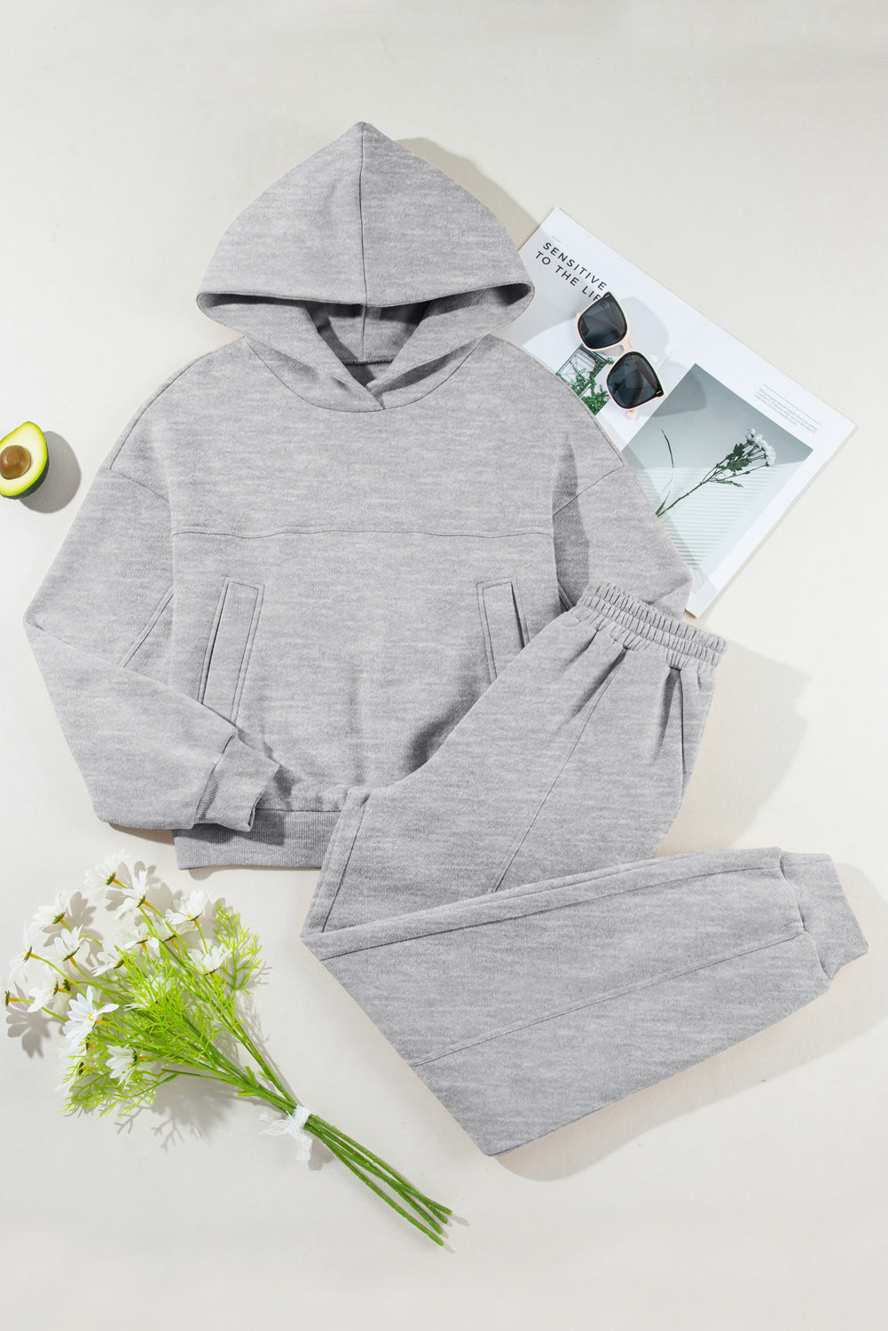 Gray Dropped Shoulder Long Sleeve Hoodie and Pants Active Set