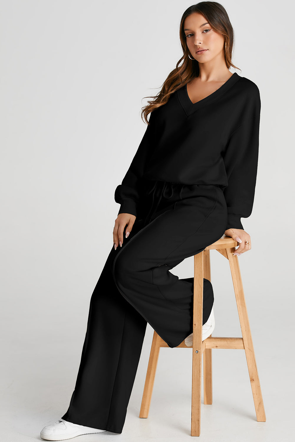 Black V-Neck Long Sleeve Top and Pants Active Set