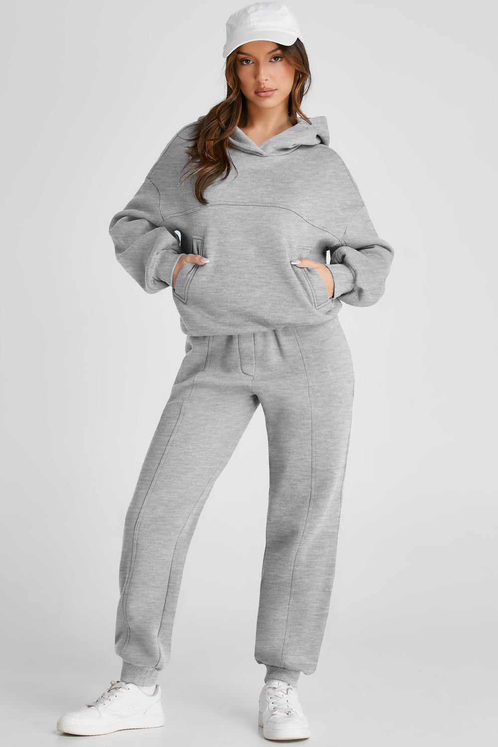 Gray Dropped Shoulder Long Sleeve Hoodie and Pants Active Set