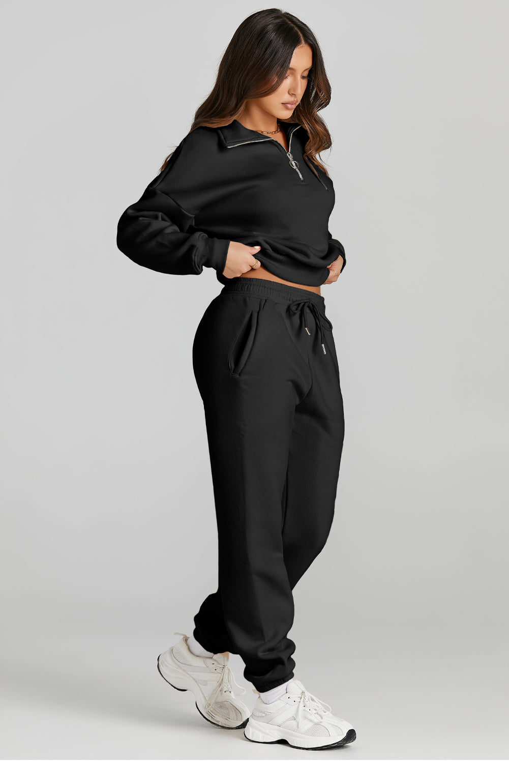 Black Quarter Zip Top and Drawstring Pants Active Set