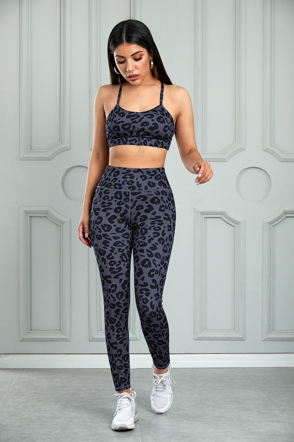 Gray Leopard Cutout Sports Bra and Leggings Set