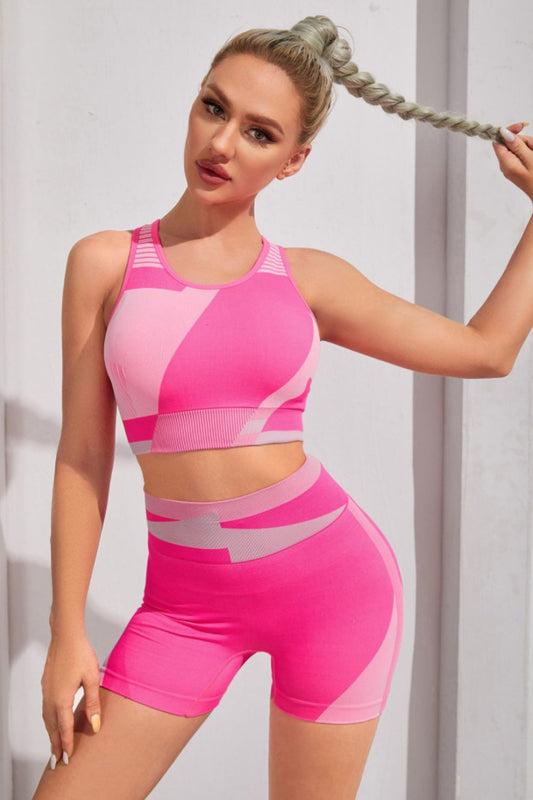 Hot Pink Color Block Sports Bra and Shorts Set