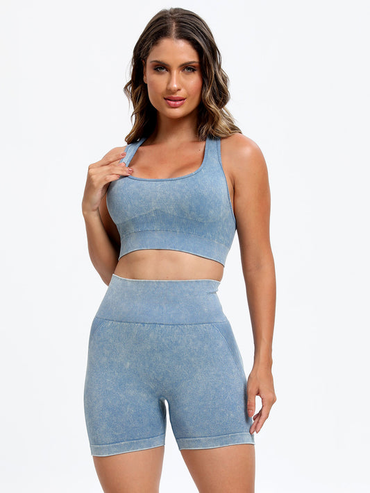 Light Blue Scoop Neck Wide Strap Top and Shorts Active Set