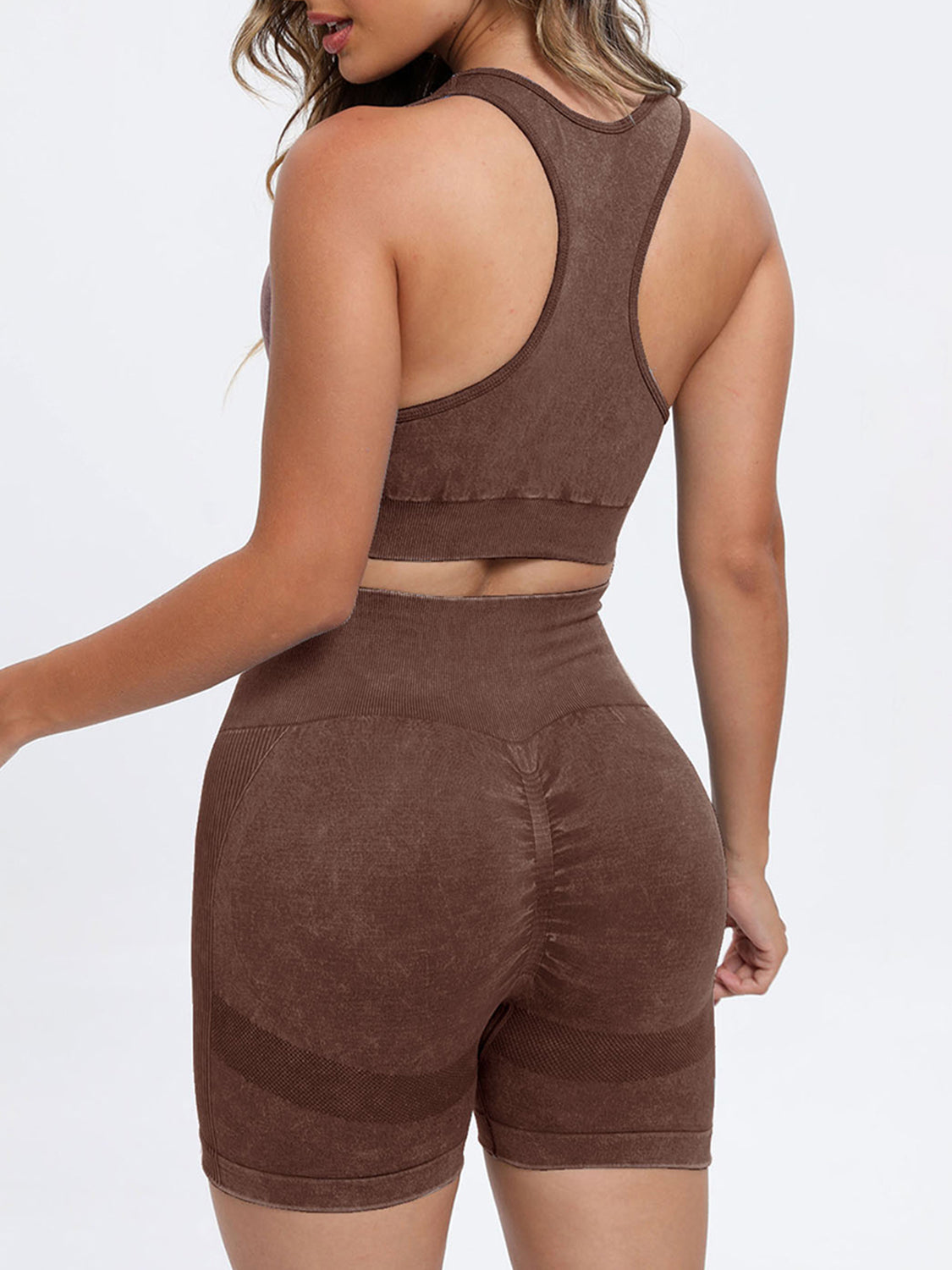 Brown Scoop Neck Wide Strap Top and Shorts Active Set