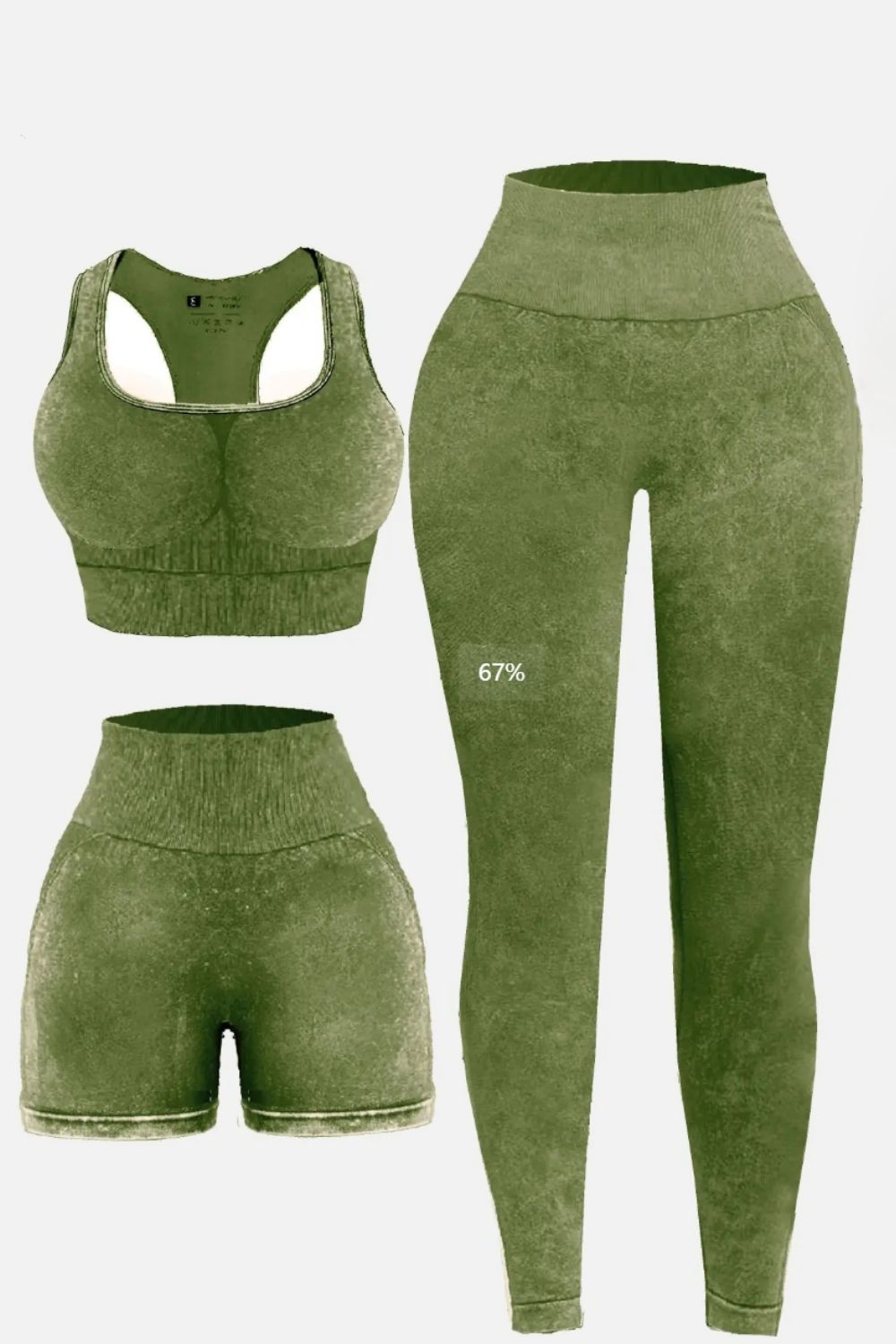 Green 3 Piece Washed Square Neck Wide Strap Active Set