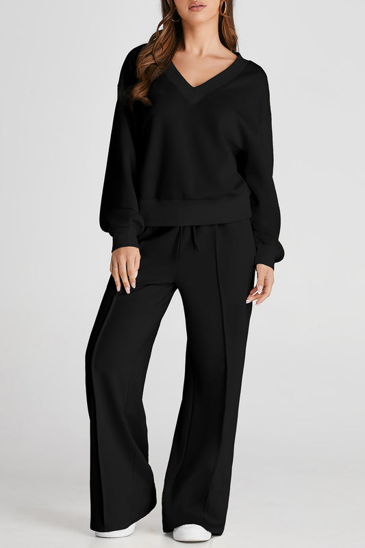 Black V-Neck Long Sleeve Top and Pants Active Set