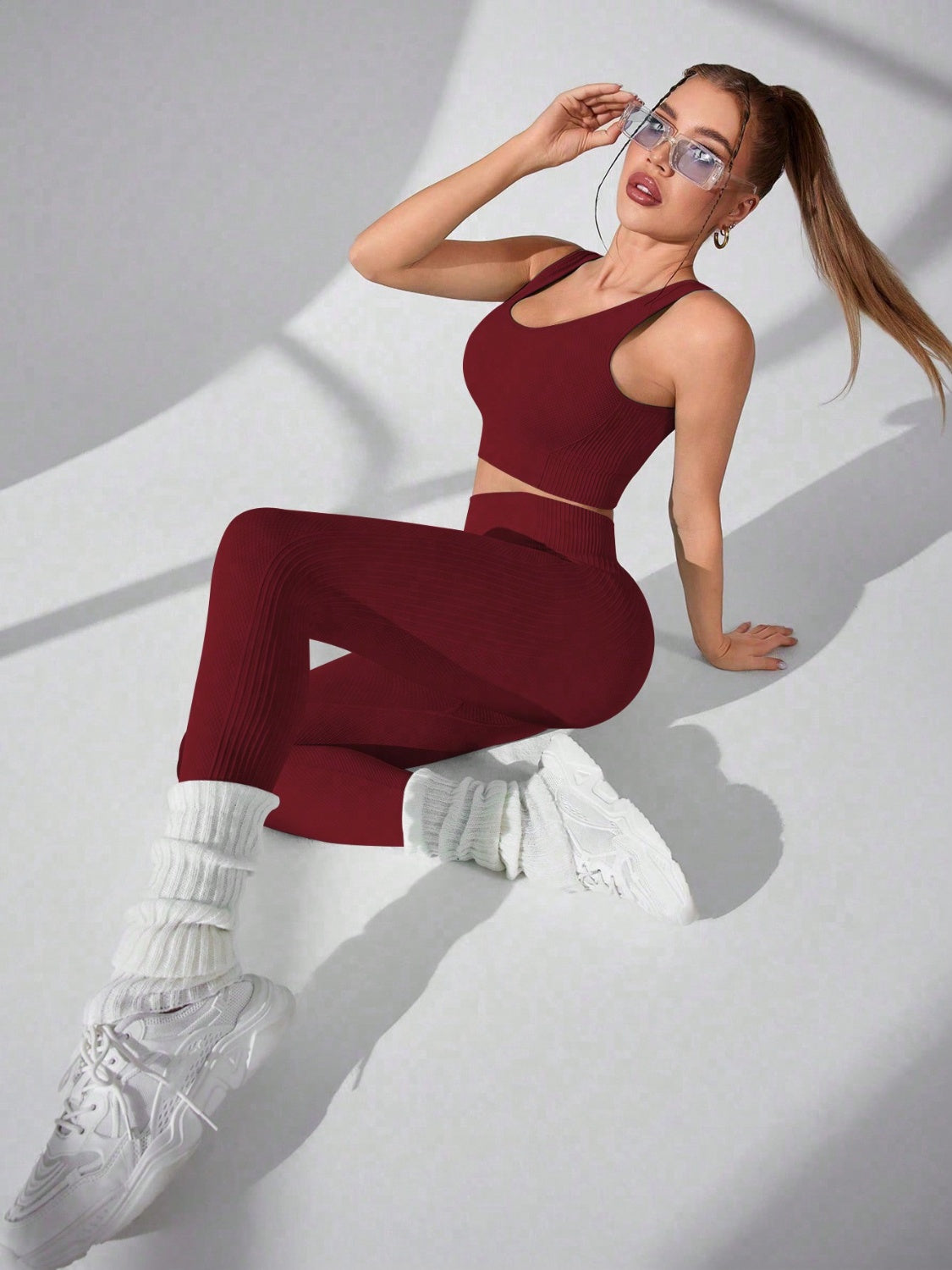 Burgundy Scoop Neck Wide Strap Top and Pants Active Set