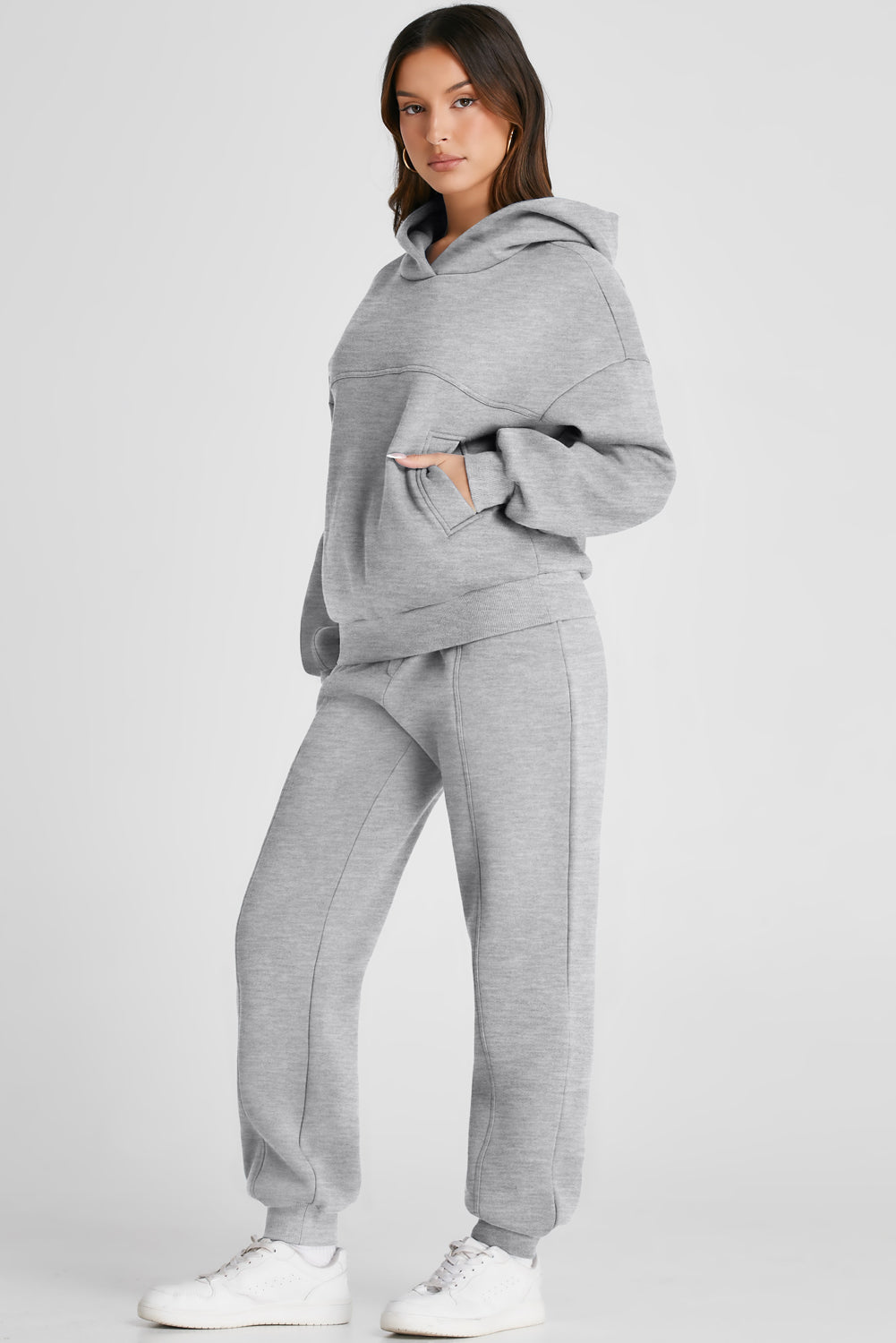 Gray Dropped Shoulder Long Sleeve Hoodie and Pants Active Set