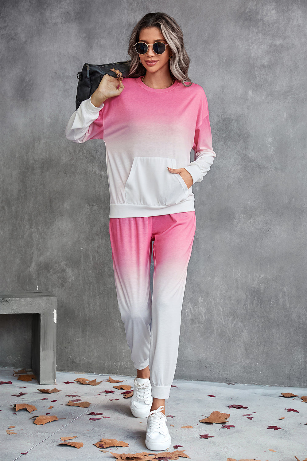 Pink Gradient Round Neck Sweatshirt and Joggers Set