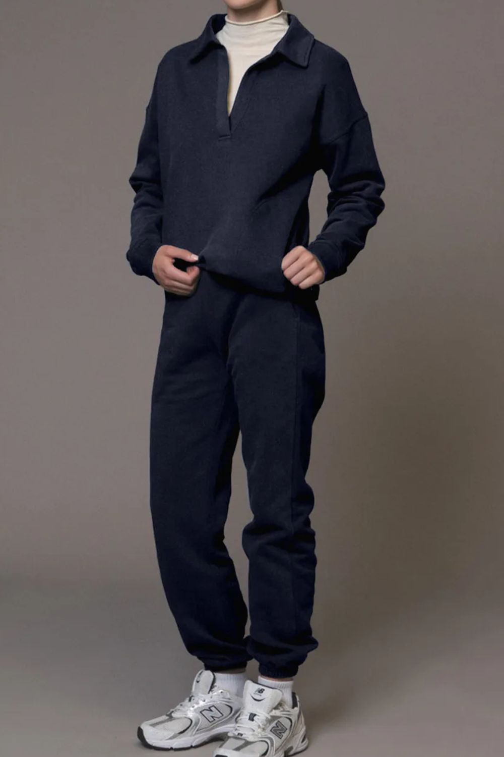 Dark Navy Johnny Collar Long Sleeve Top and Joggers Active Set