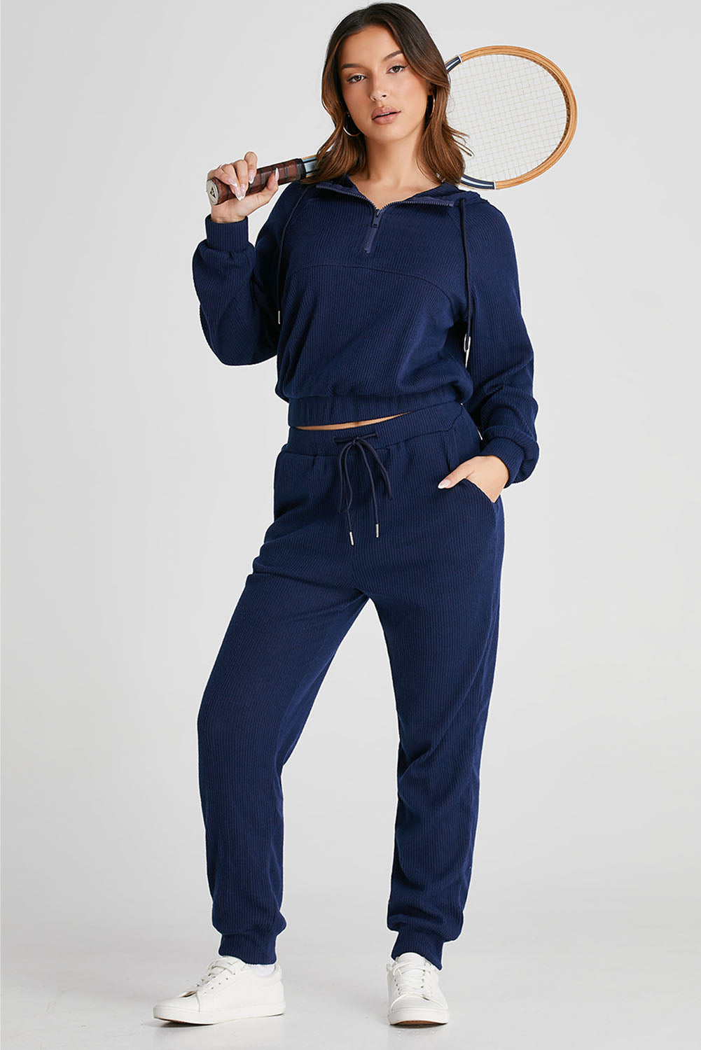 Navy Drawstring Half Zip Hoodie and Joggers Active Set