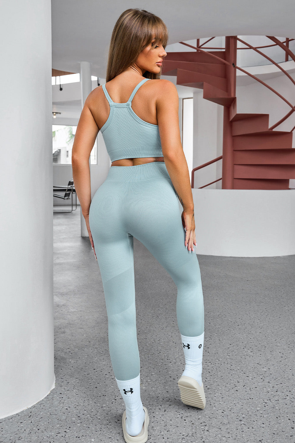 Pastel Blue Tank Cropped Active Top and Pants Set