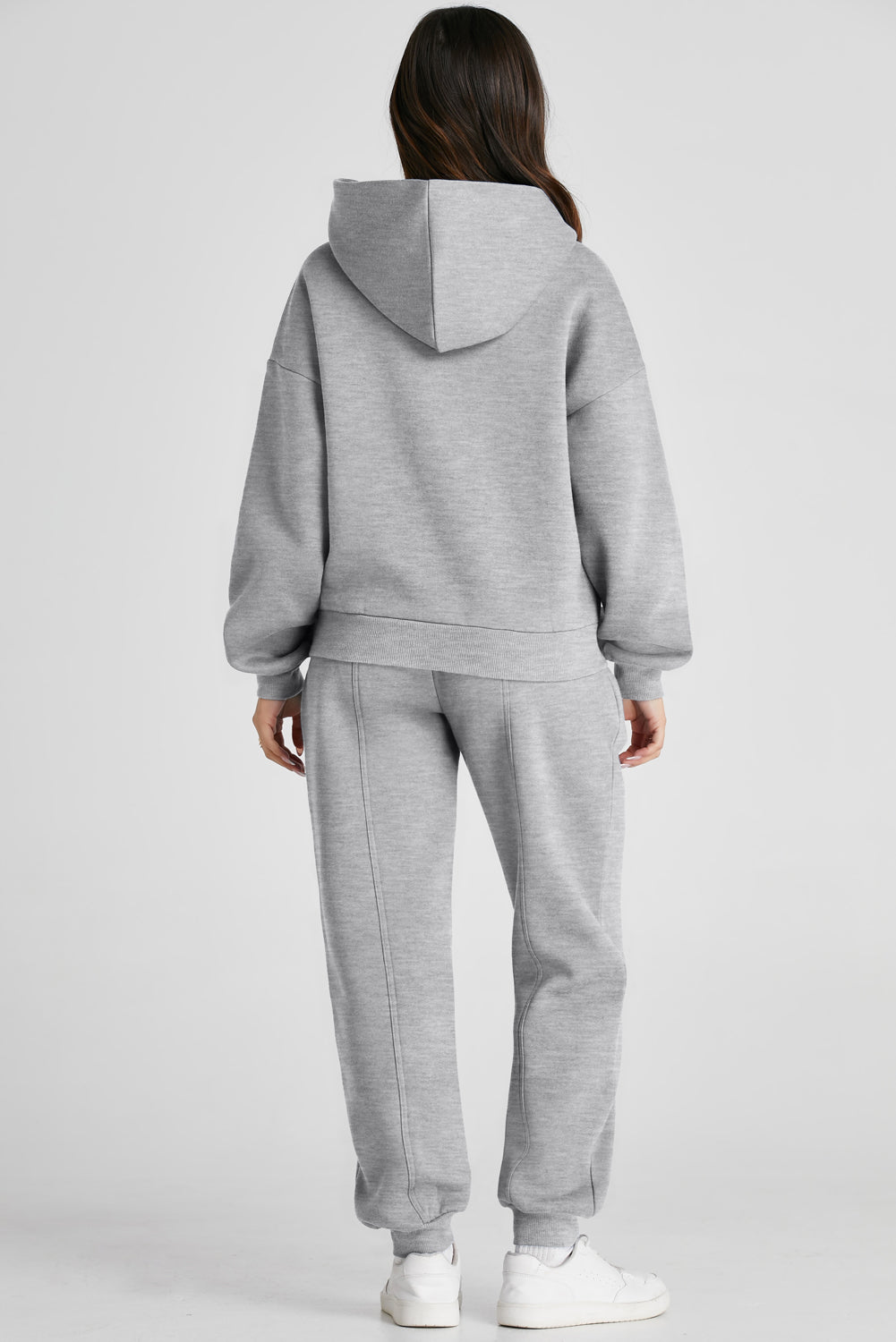 Gray Dropped Shoulder Long Sleeve Hoodie and Pants Active Set