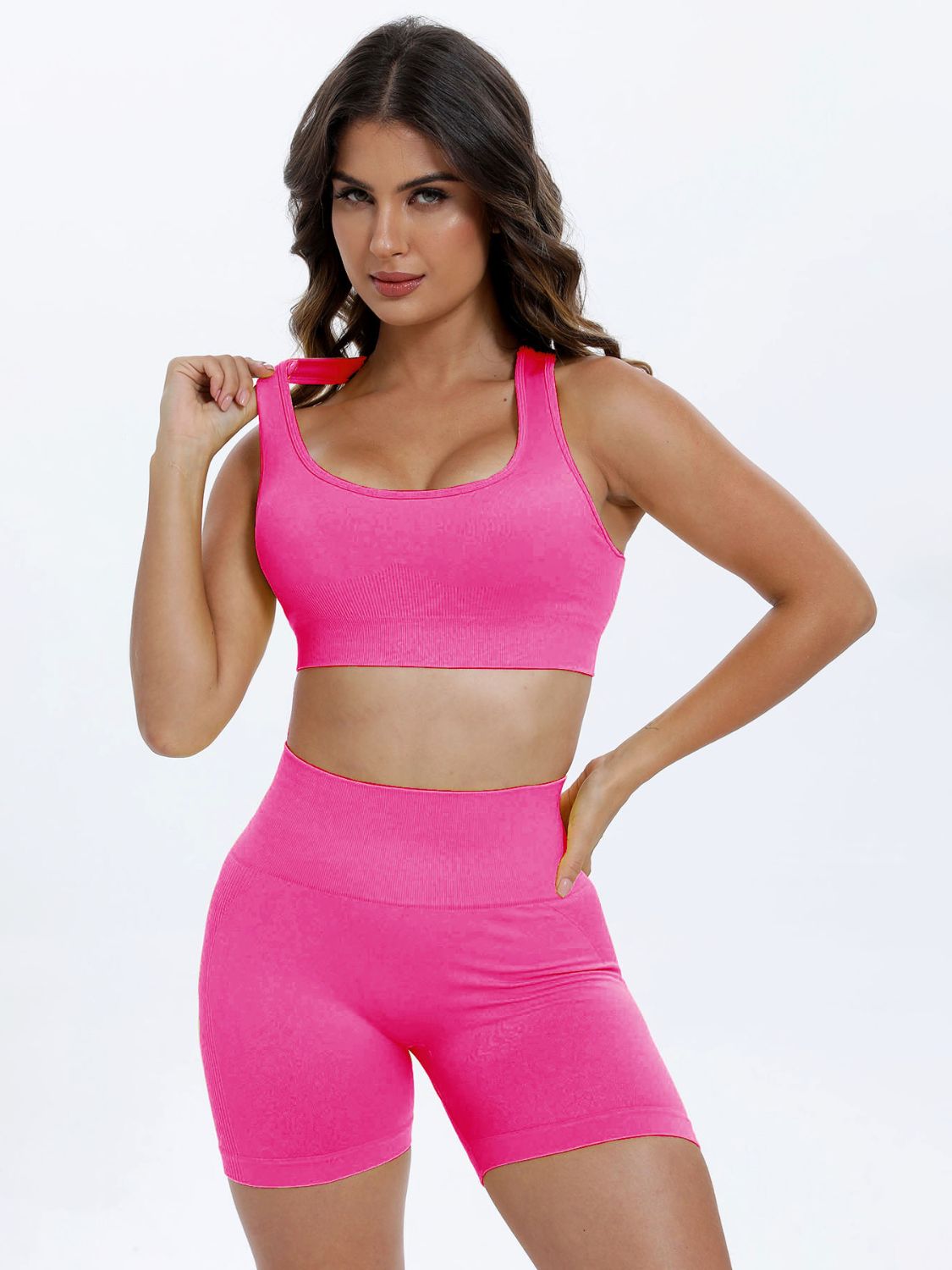 Hot Pink Scoop Neck Wide Strap Top and Shorts Active Set