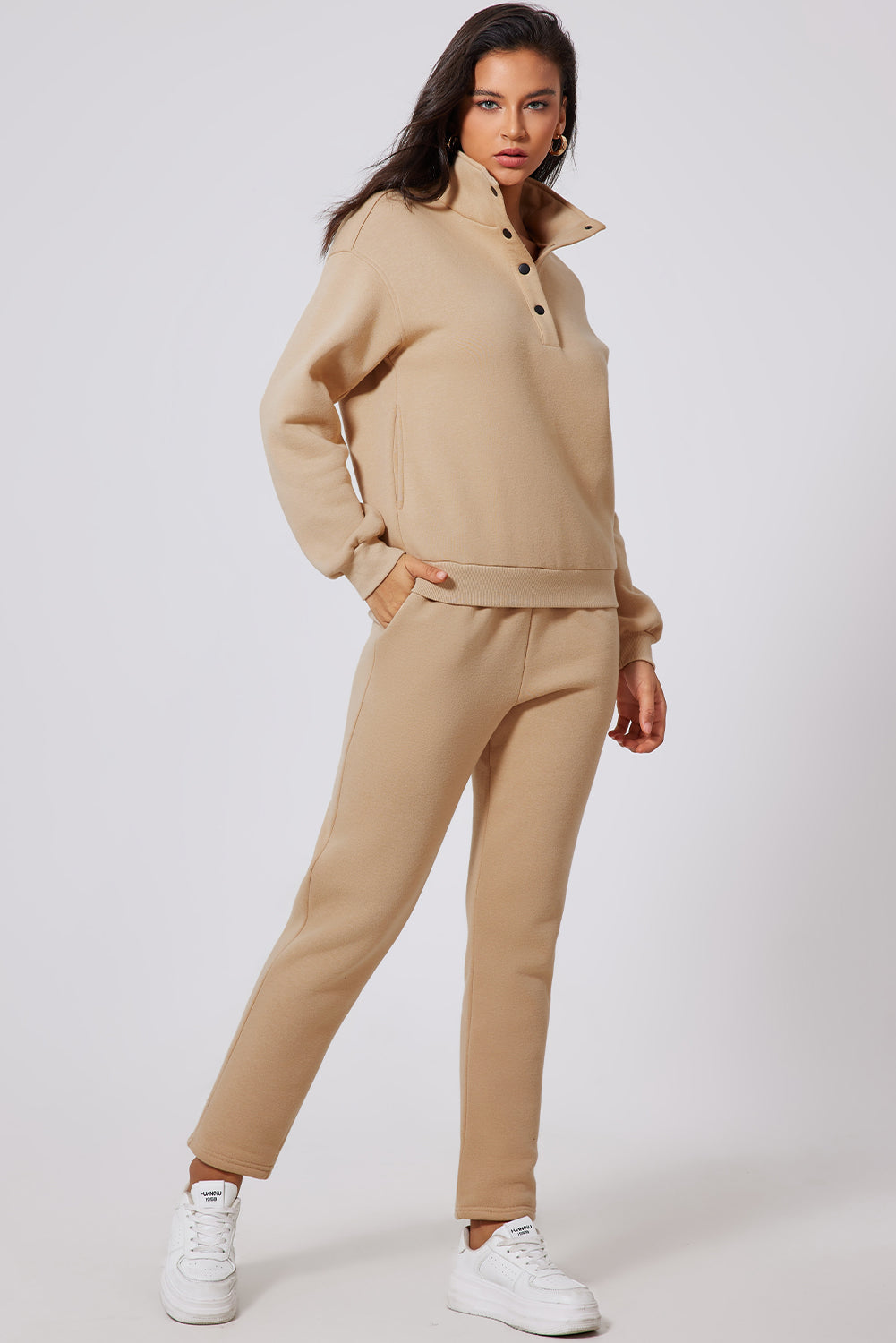 Tan Half Snap Turtleneck Top and Pants Active Set